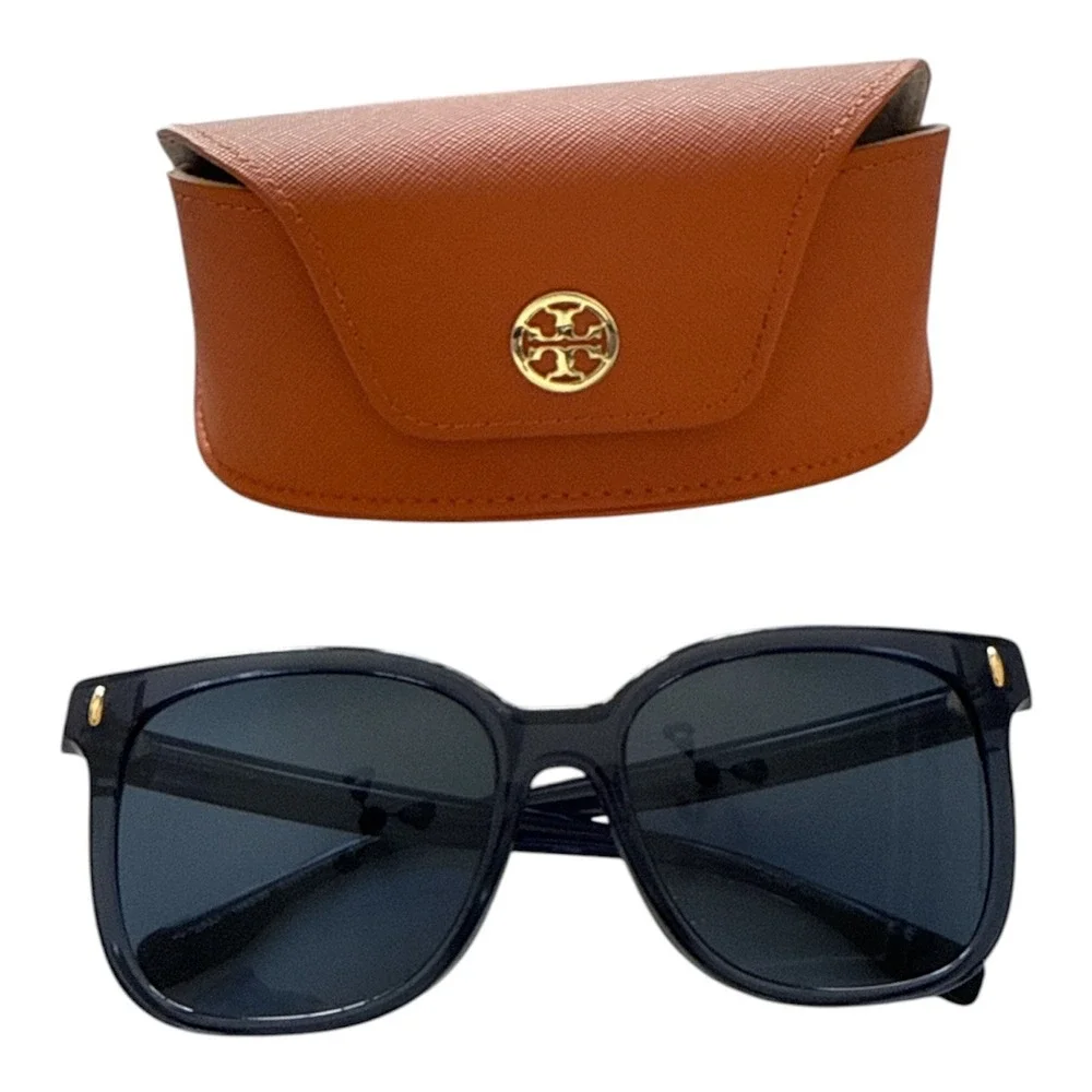 Tory Burch TY7162 Black Square Sunglasses with Gold Logo and Orange Case